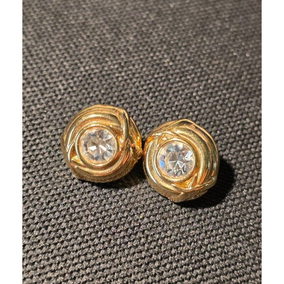 Nolan Miller Vintage Gold-Tone Knot Stud Earrings With Clear Rhinestone Center - Picture 2 of 3